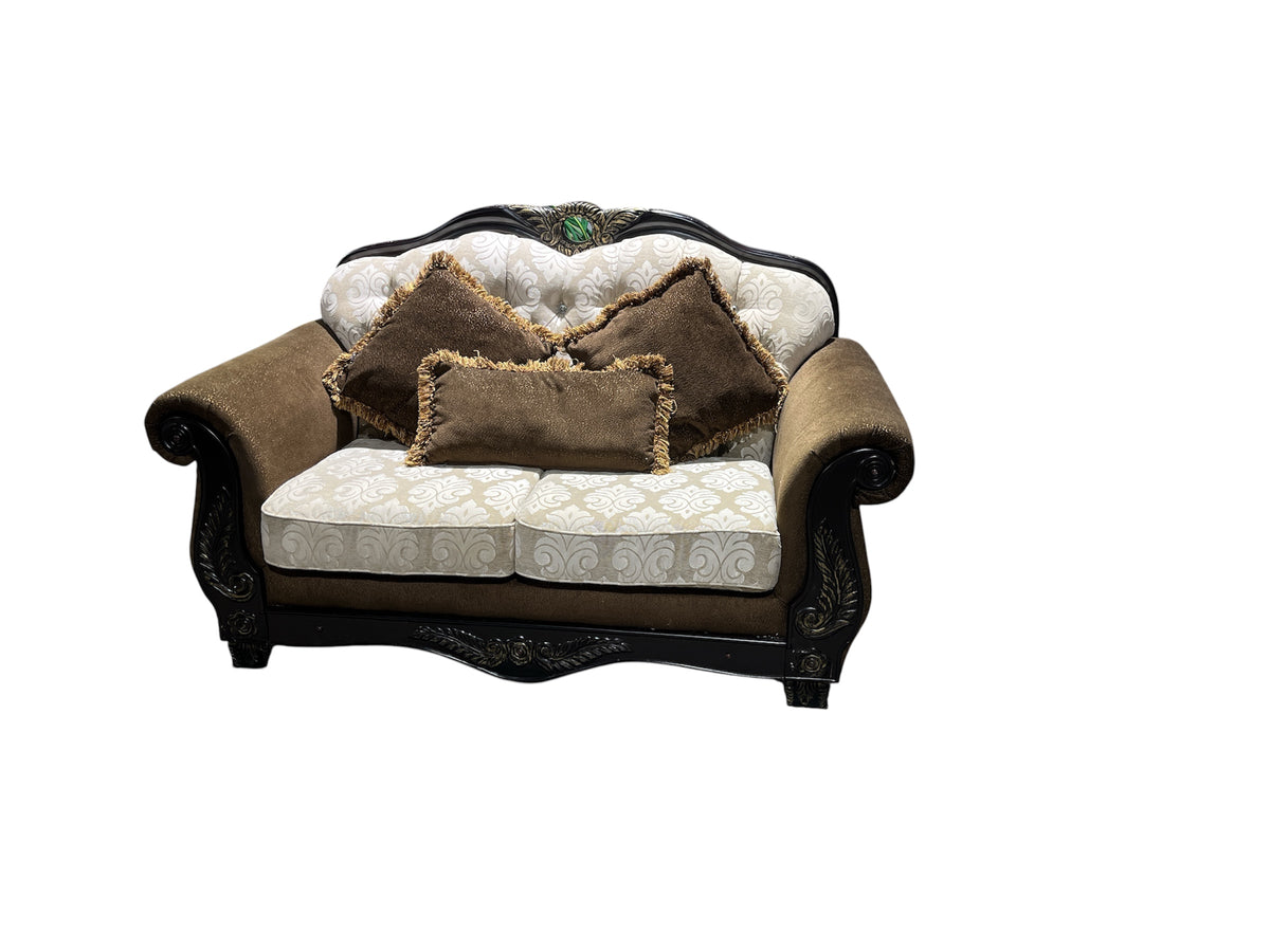 Tufted Crystal Back Loveseat With Carved Wood Frame