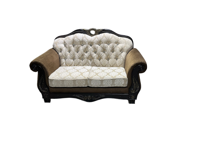 Tufted Crystal Back Loveseat With Carved Wood Frame