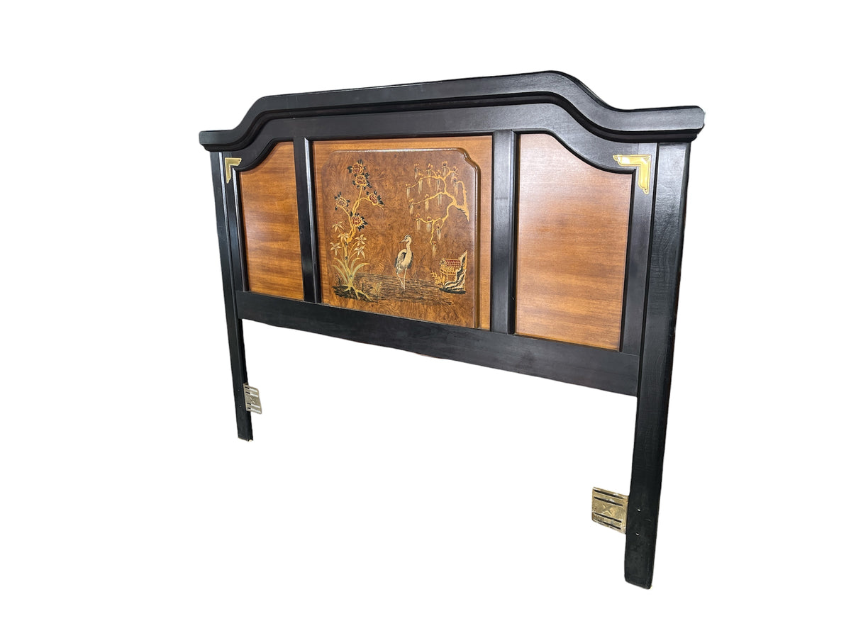 Burlwood Queen Headboard with Crane & Floral Inlay