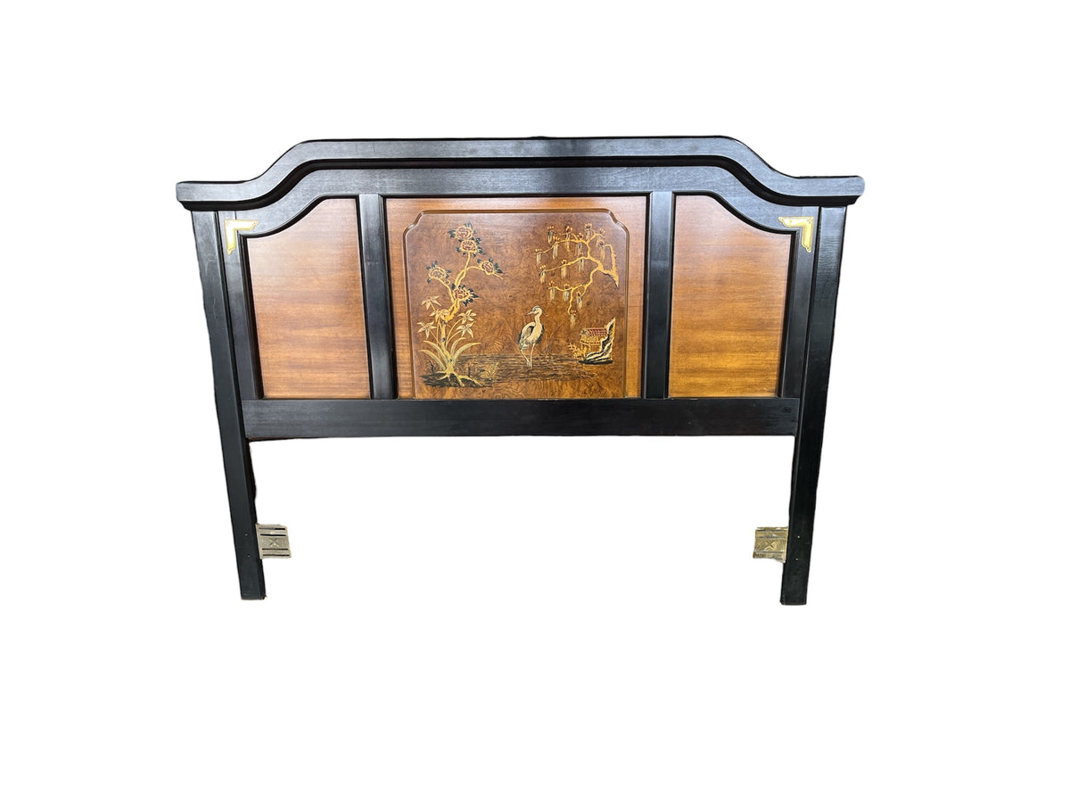 Burlwood Queen Headboard with Crane & Floral Inlay