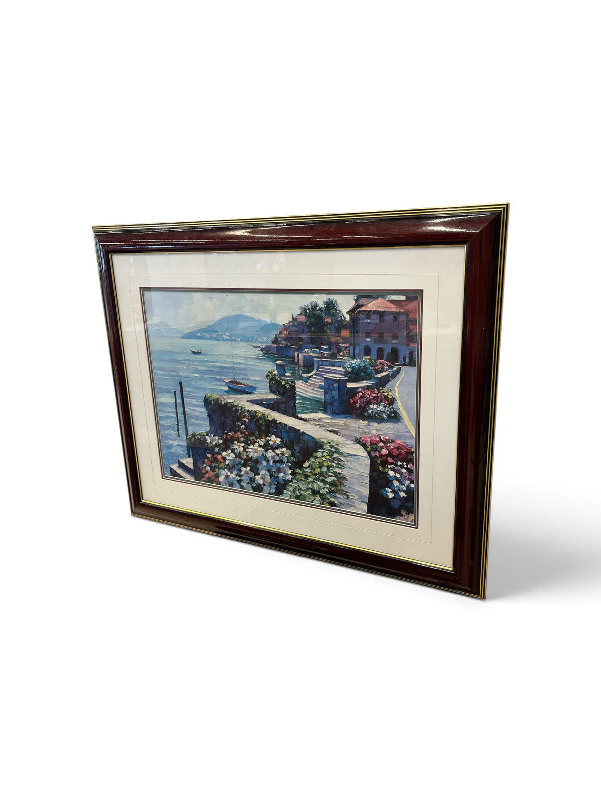 Mediterranean Coastal Landscape Print with Red Wood Frame