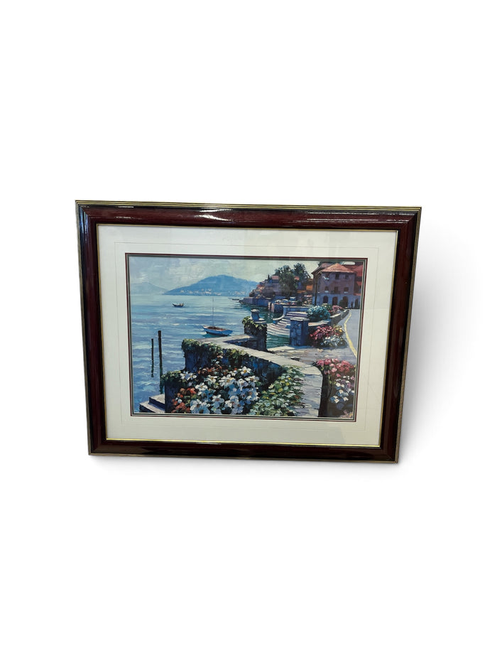 Mediterranean Coastal Landscape Print with Red Wood Frame