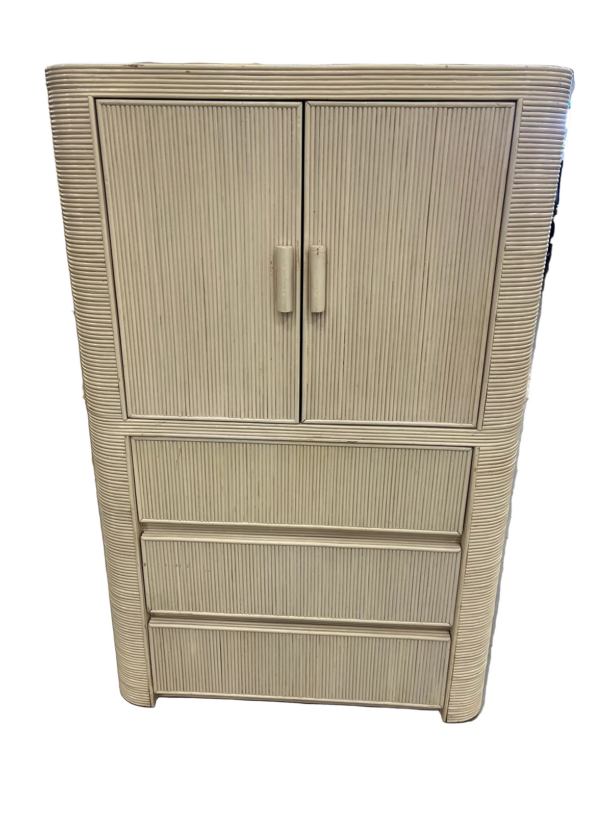 Vintage Off-White Pencil Reed Bamboo Cabinet