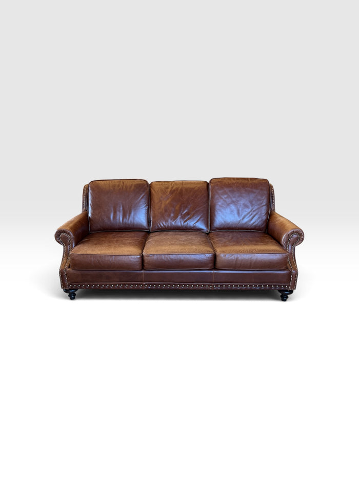 Terracotta Tone Genuine Leather Sofa with Nailhead Trim