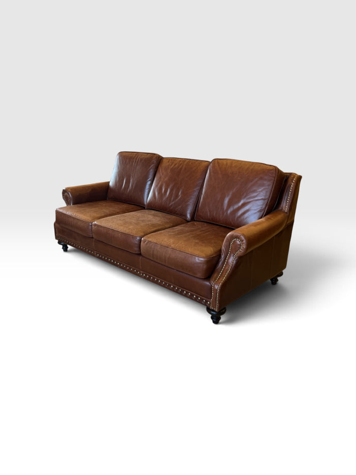 Terracotta Tone Genuine Leather Sofa with Nailhead Trim