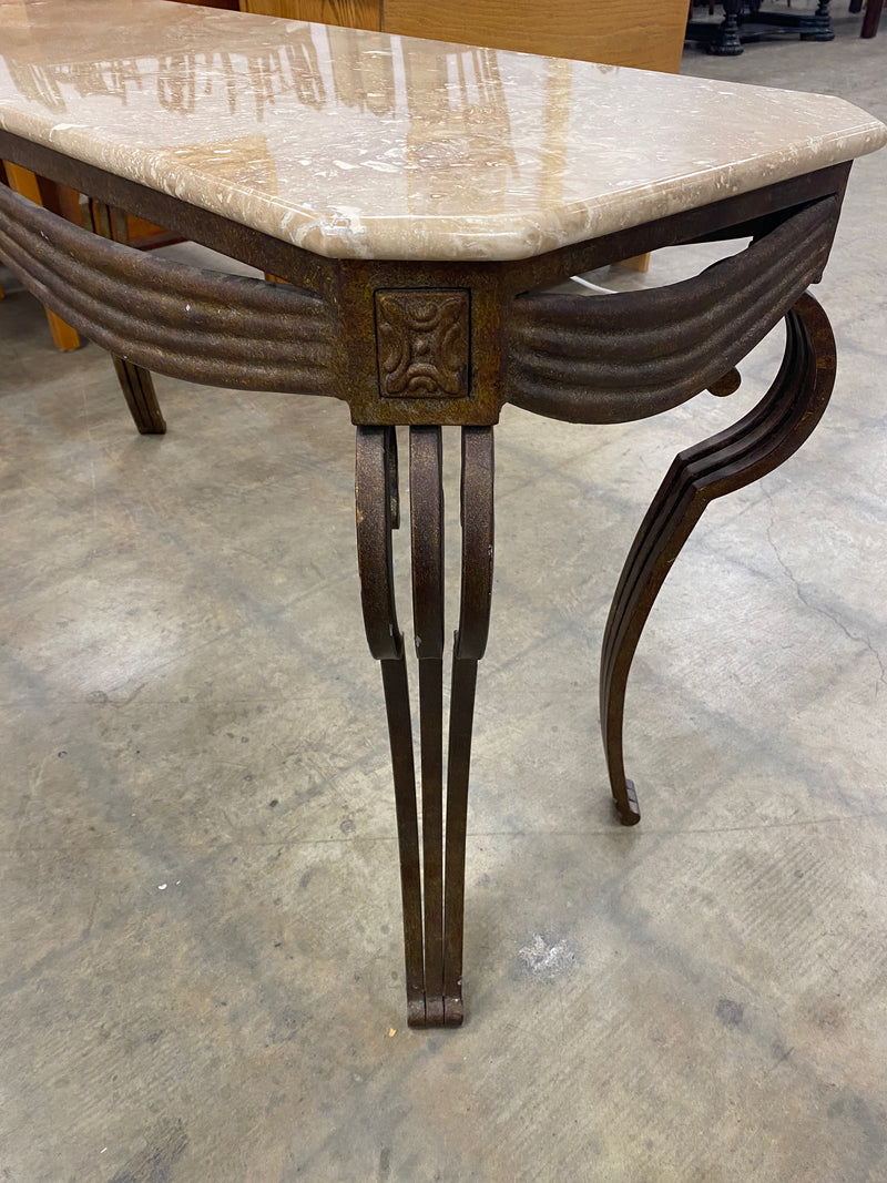 Art Deco Console Table with Marble Top and Wrought Iron Base