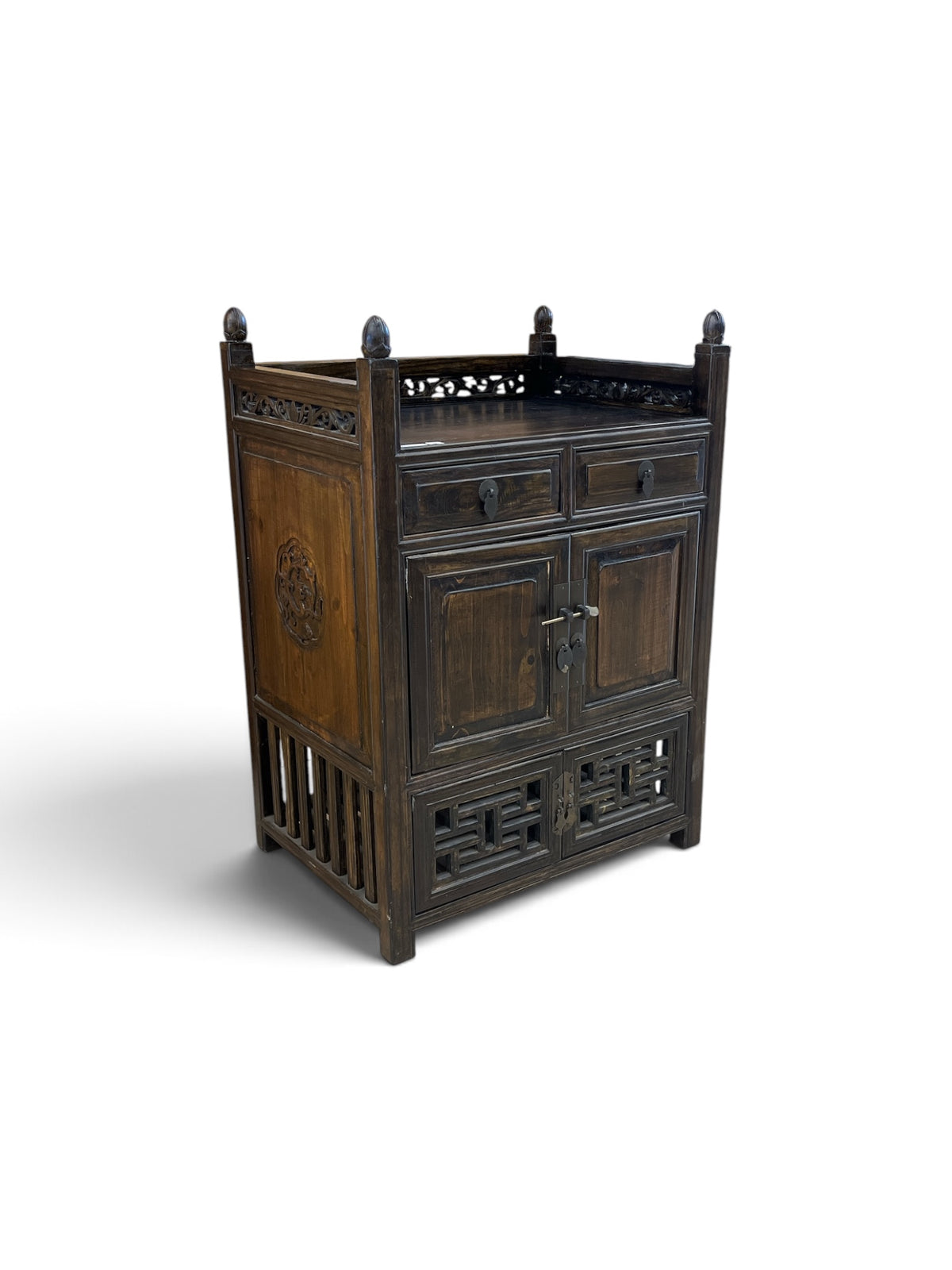 Carved Wood Hallway Cabinet w/ Lower Lattice Cabinet Doors