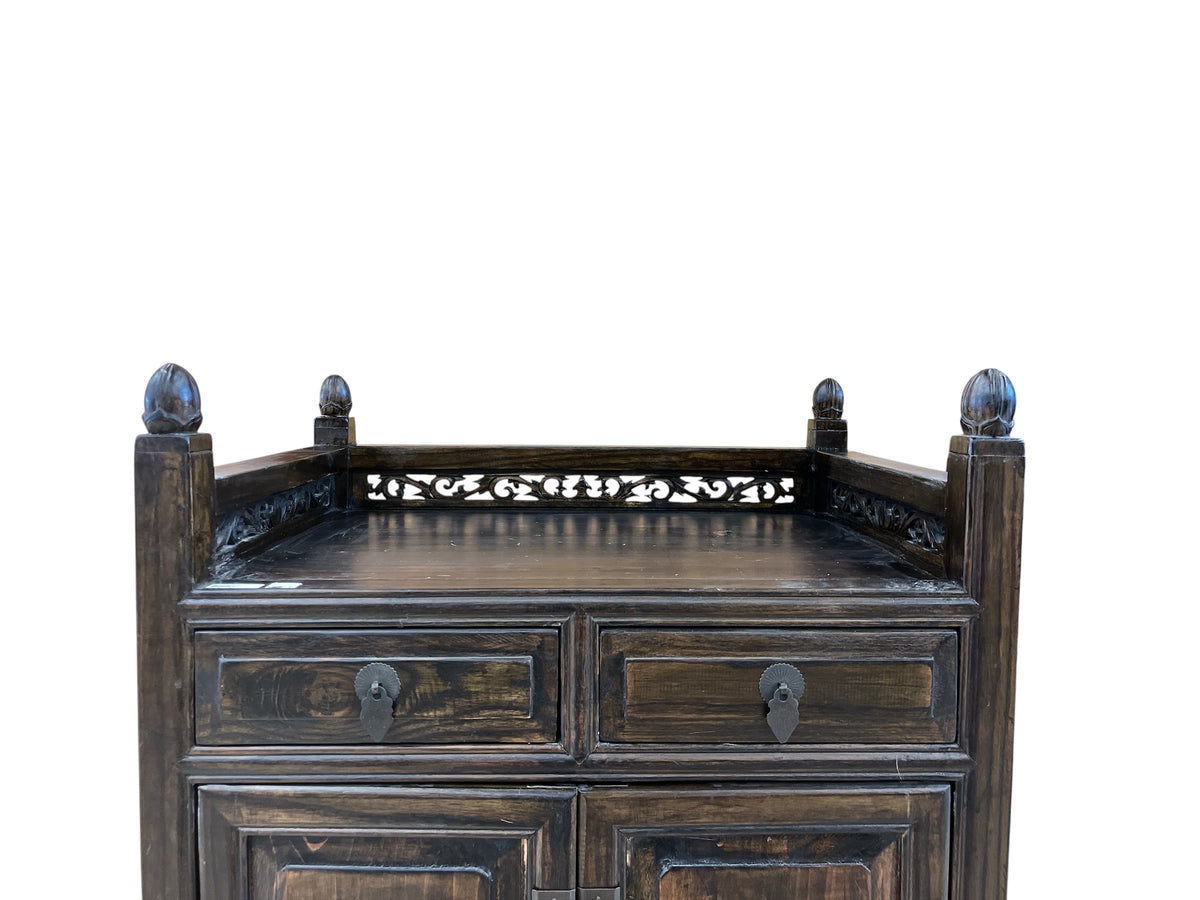 Carved Wood Hallway Cabinet w/ Lower Lattice Cabinet Doors