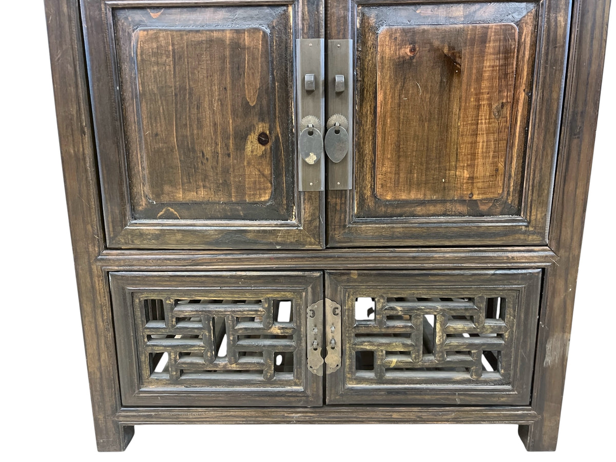 Carved Wood Hallway Cabinet w/ Lower Lattice Cabinet Doors