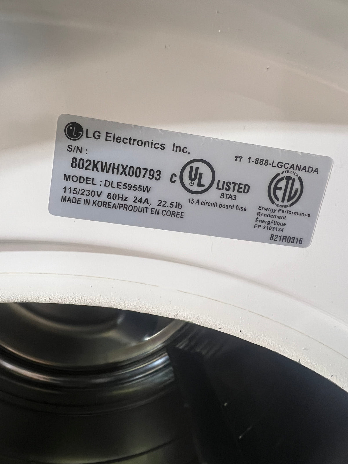 LG Front Load Dryer 27"