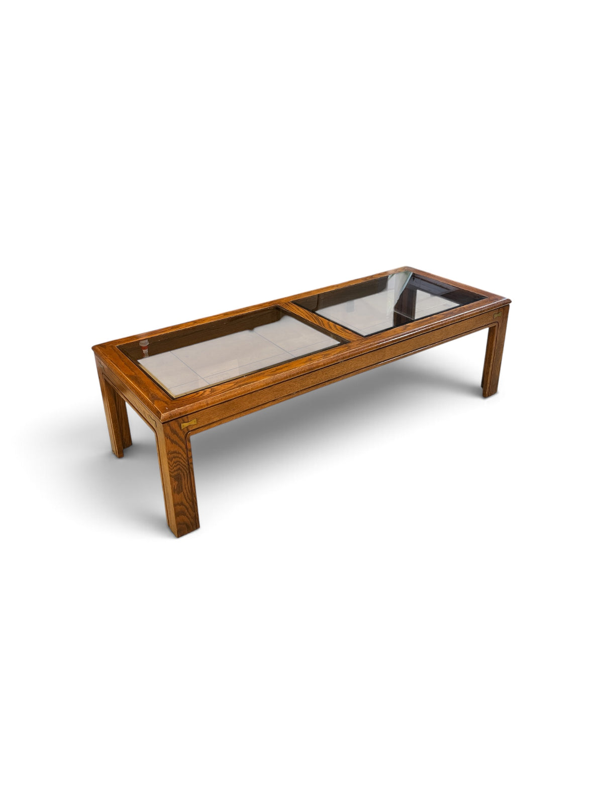 Oak Tone Rectangle Coffee Table with Glass Inserts & Brass Accents