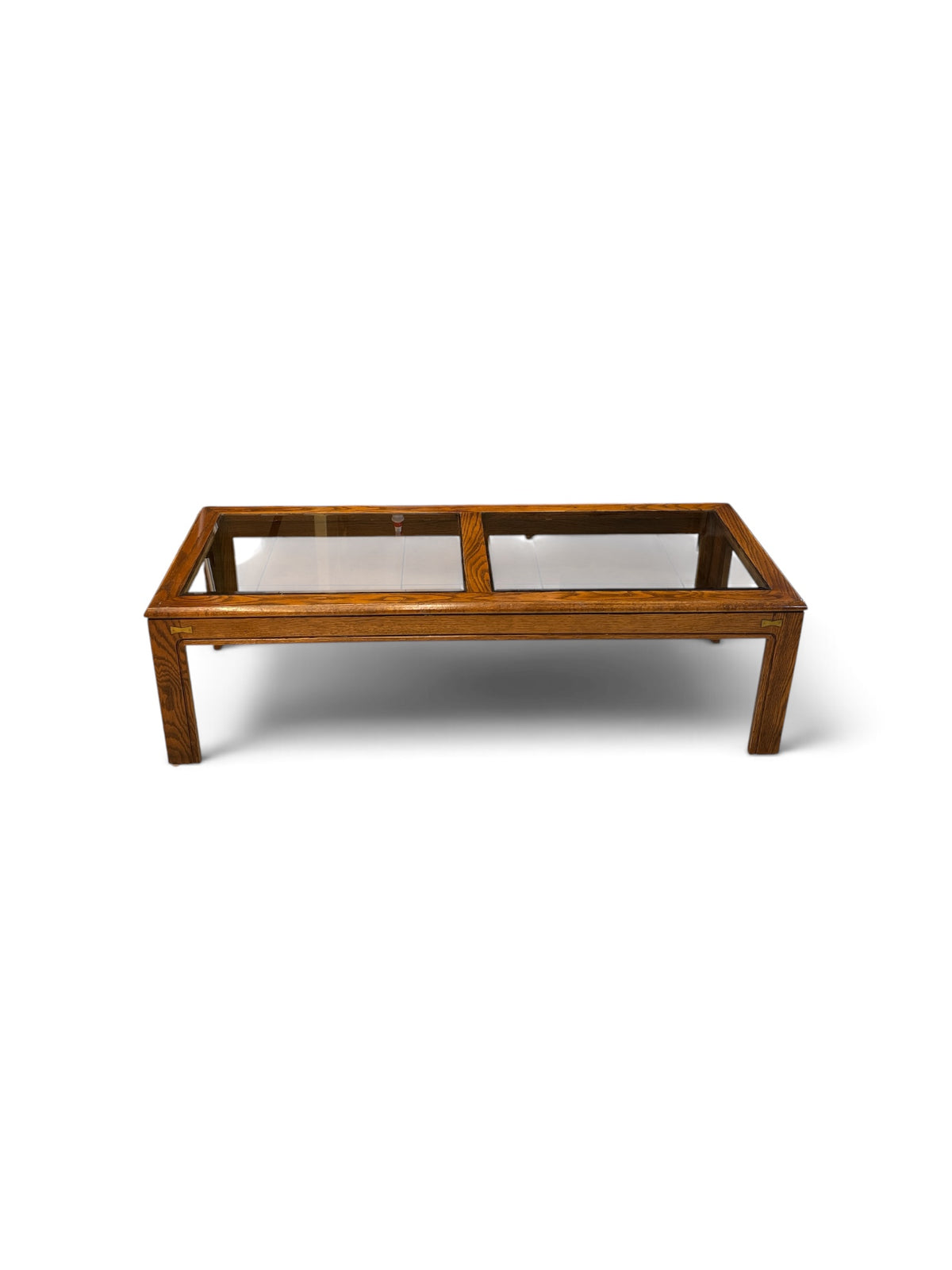 Oak Tone Rectangle Coffee Table with Glass Inserts & Brass Accents
