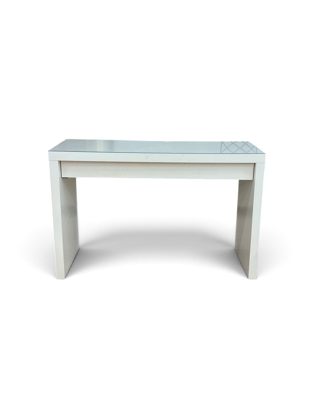 Slim White Console Table with Glass Top and Drawer