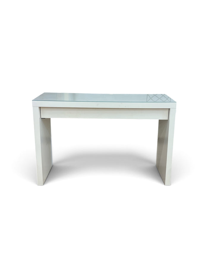 Slim White Console Table with Glass Top and Drawer