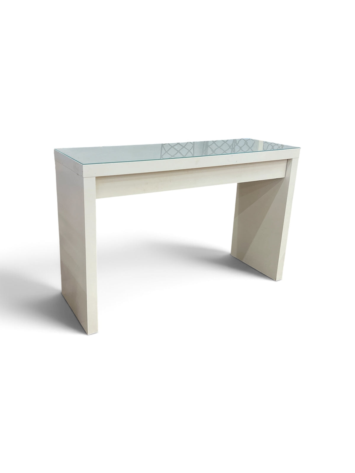 Slim White Console Table with Glass Top and Drawer