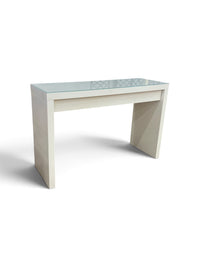 Slim White Console Table with Glass Top and Drawer