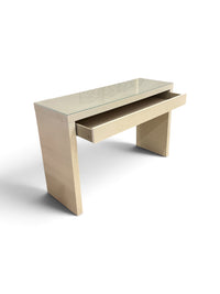 Slim White Console Table with Glass Top and Drawer