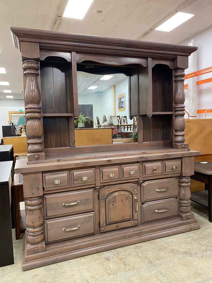 Large Distressed Wooden Hutch Dresser with Mirror