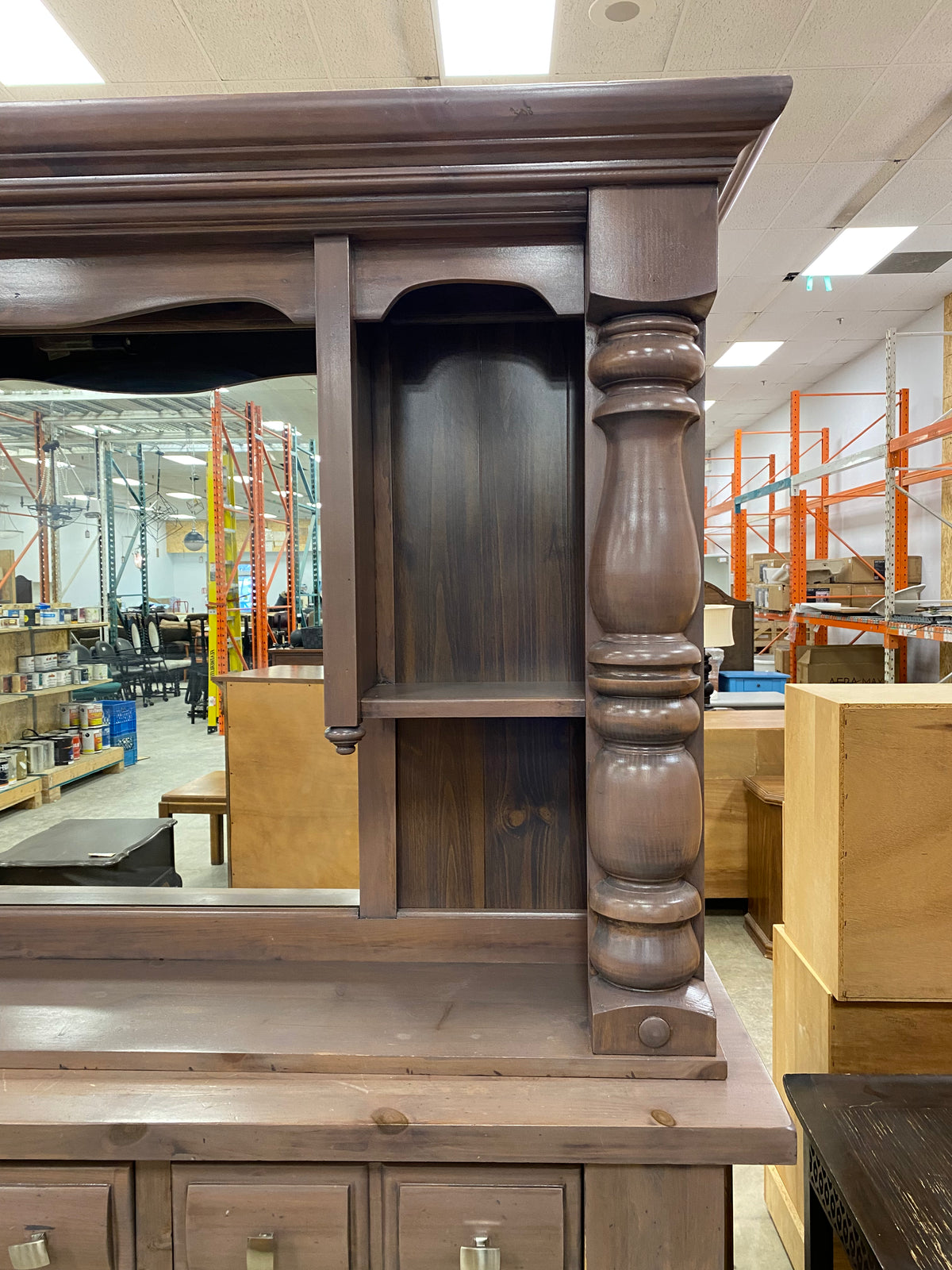 Large Distressed Wooden Hutch Dresser with Mirror