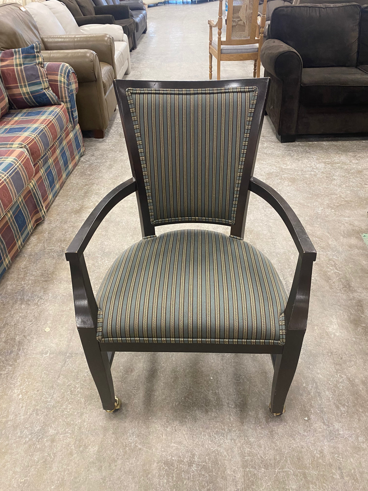 Vertical Stripes in Sage Green and Gold Upholstery Accent Chair