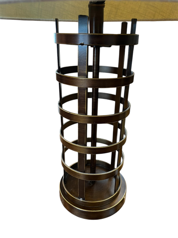 Bronze Cage Lamp With Linen Shade