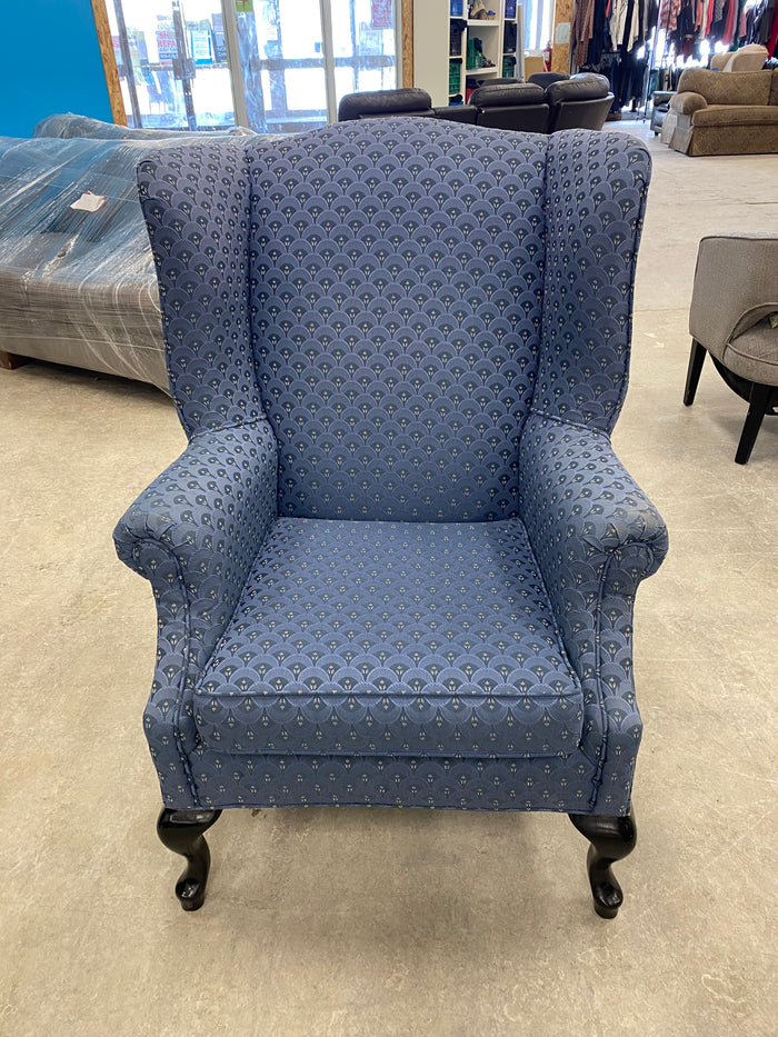 Blue Geometric Queen Anne Style Wingback Armchair