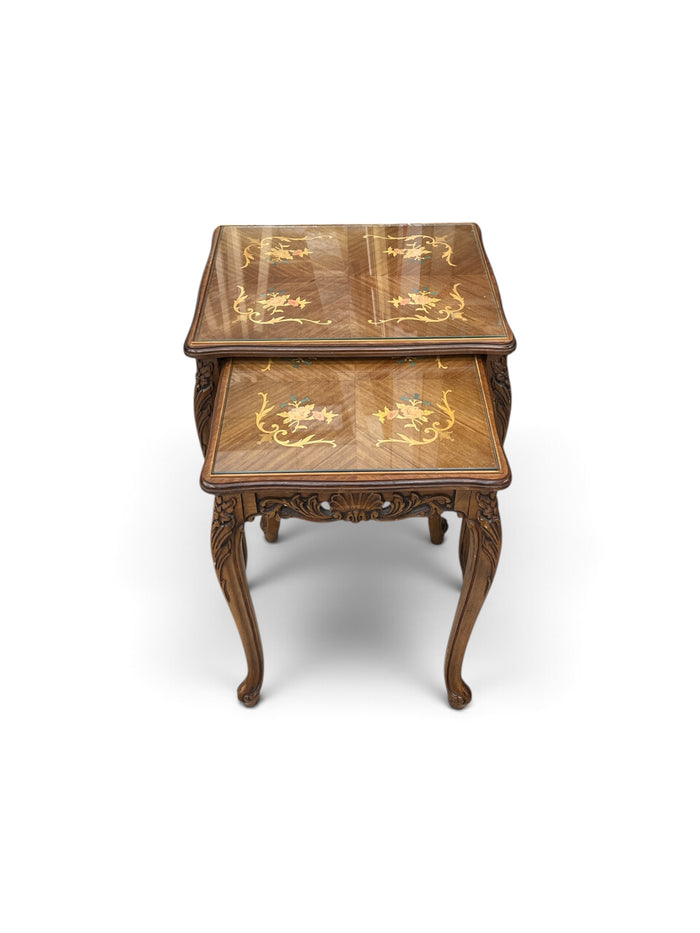 Ornate French Provincial Style Nesting Tables with Floral Inlay - Set of 2