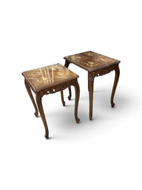 Ornate French Provincial Style Nesting Tables with Floral Inlay - Set of 2