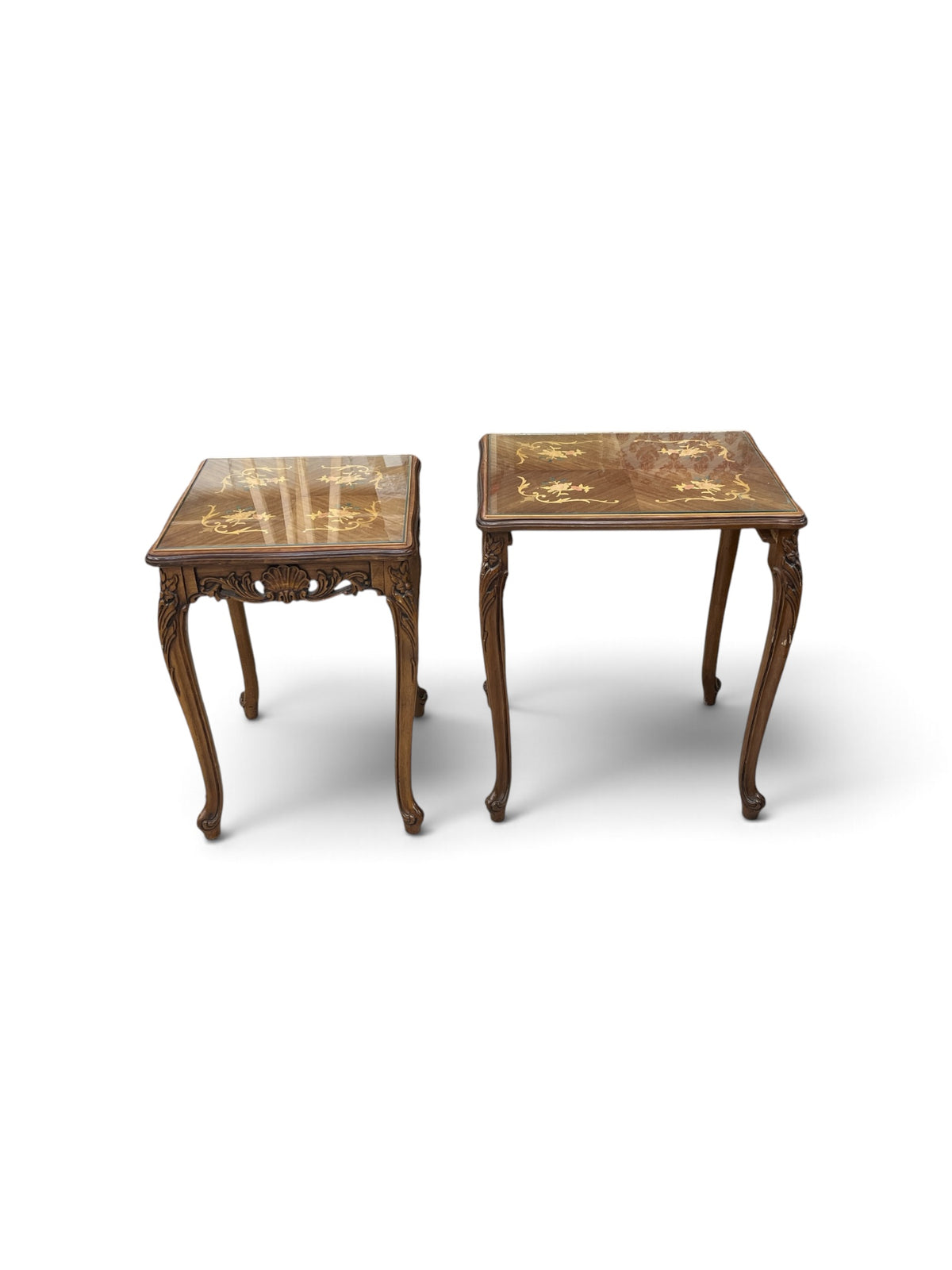 Ornate French Provincial Style Nesting Tables with Floral Inlay - Set of 2