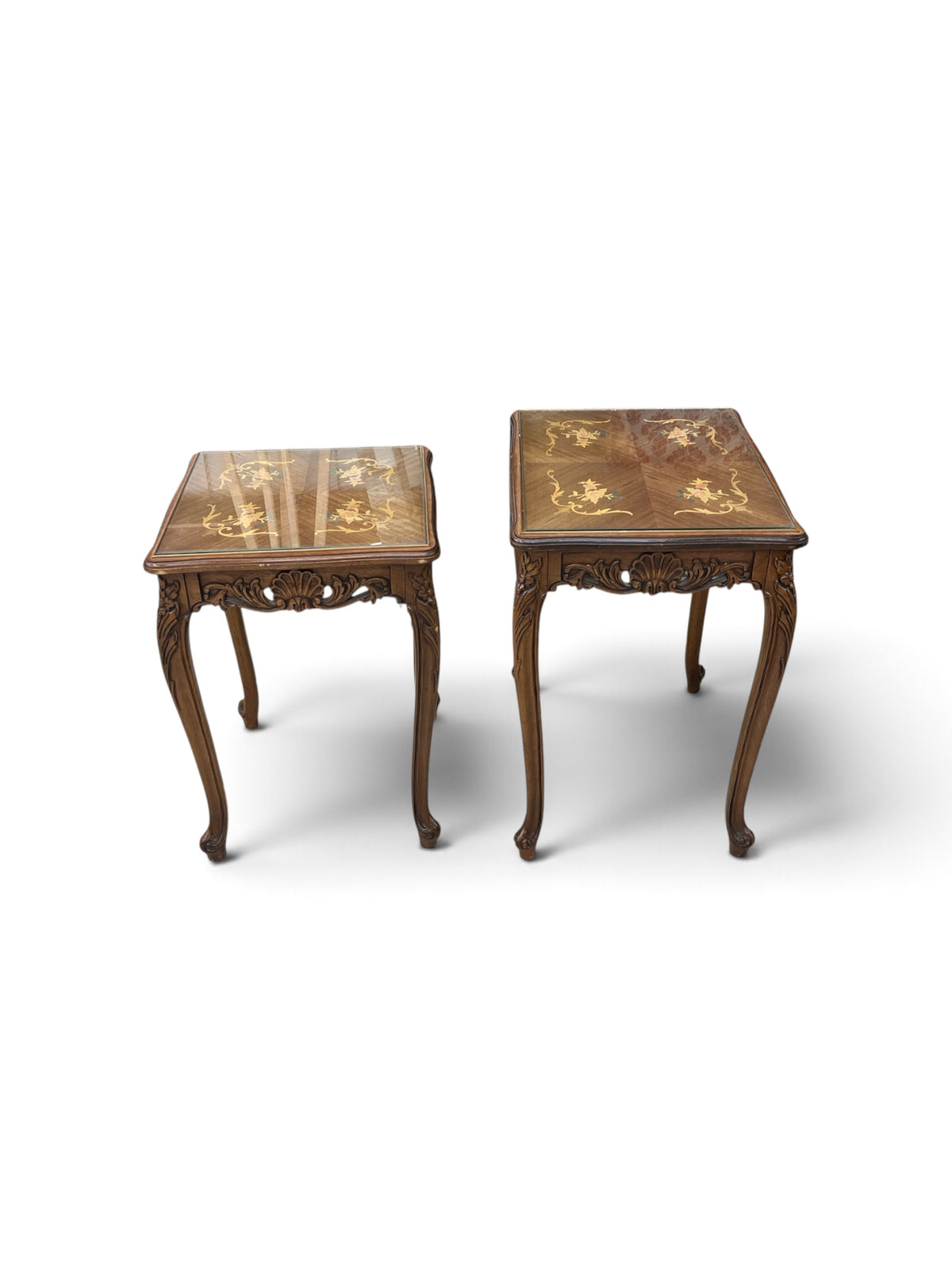 Ornate French Provincial Style Nesting Tables with Floral Inlay - Set of 2
