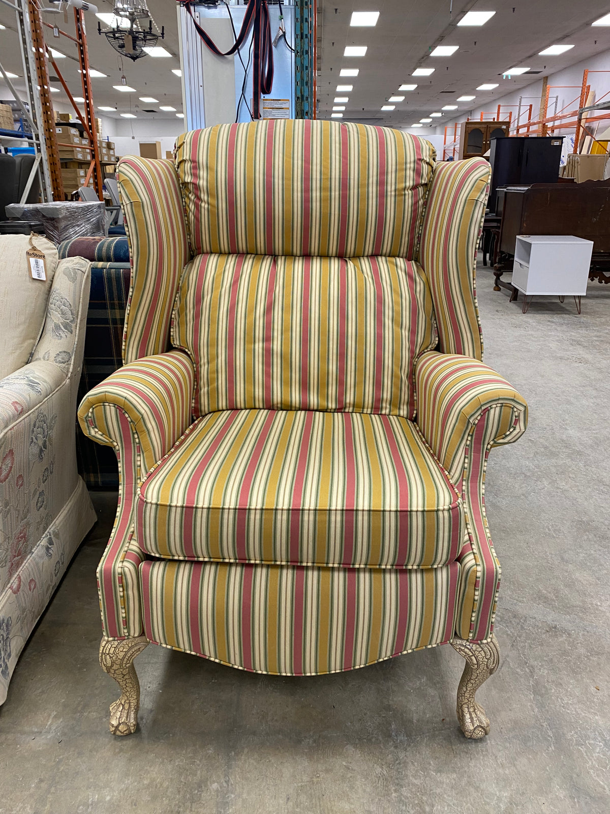 Champagne and Burgundy Striped Reclining Wingback Chair