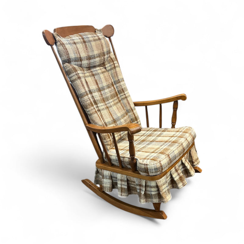 Wooden Rocking Chair With Plaid Cushions