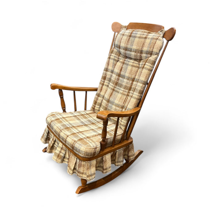 Wooden Rocking Chair With Plaid Cushions