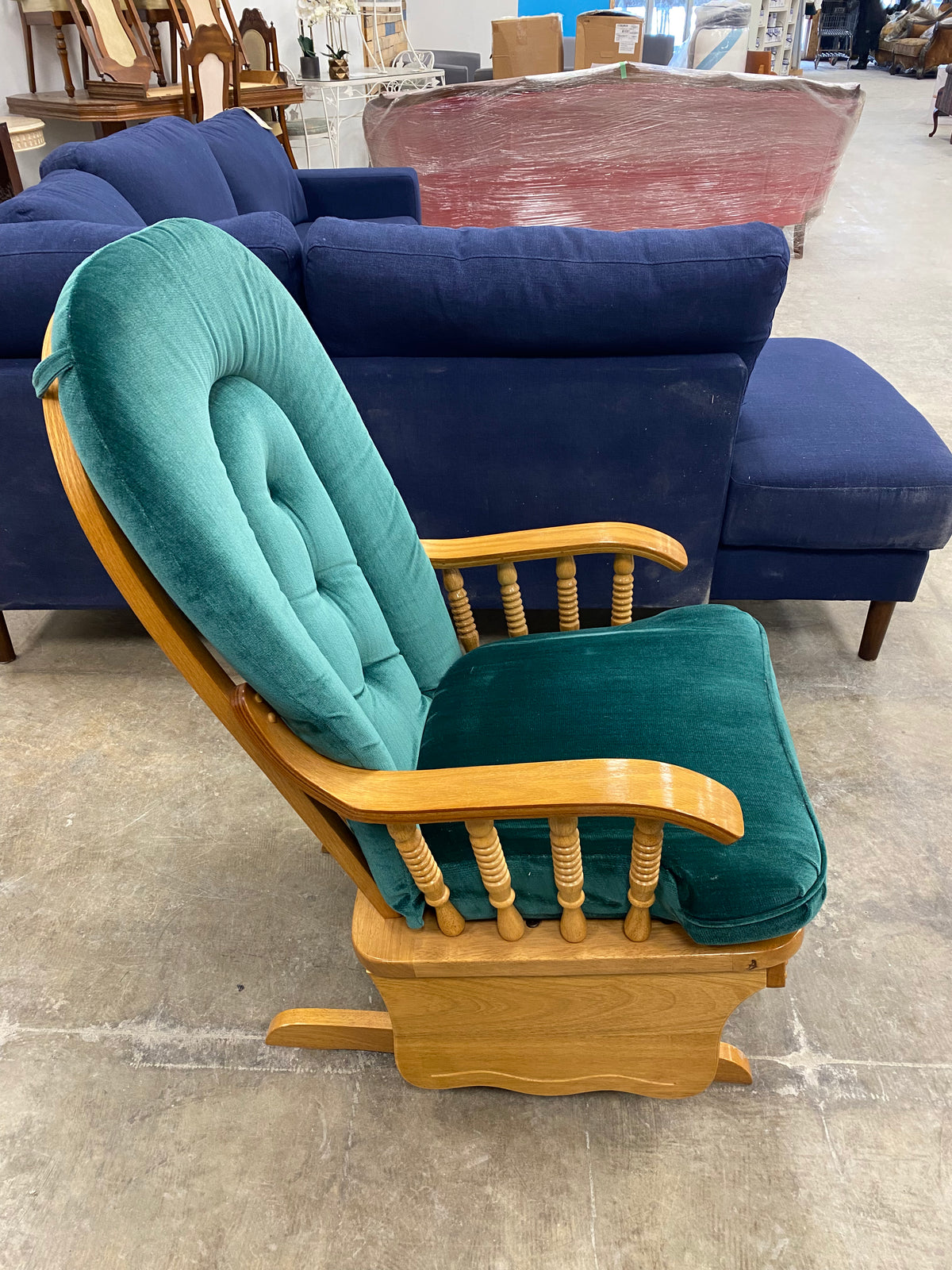 Velvet Emerald Green Glider Rocking Chair and Matching Gliding Ottoman