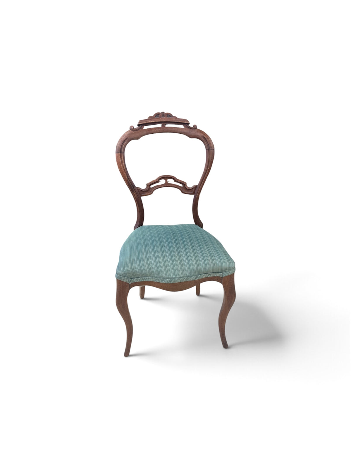Victorian Style Balloon Back Chair with Green & Teal Striped Upholstery