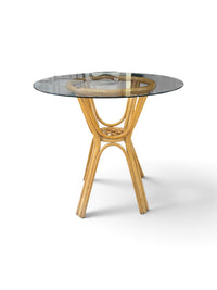 Round Glass Top Dining Table  with Woven Rattan Base