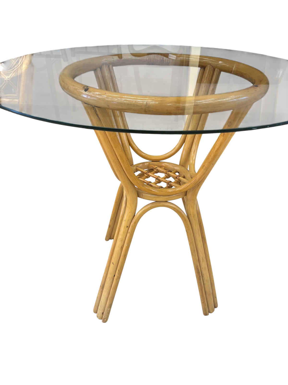 Round Glass Top Dining Table  with Woven Rattan Base