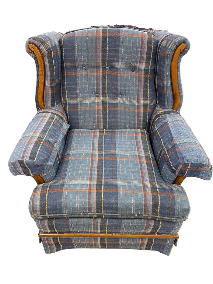 Blue and Orange Tartan Plaid Fabric Vintage Wingback Armchair