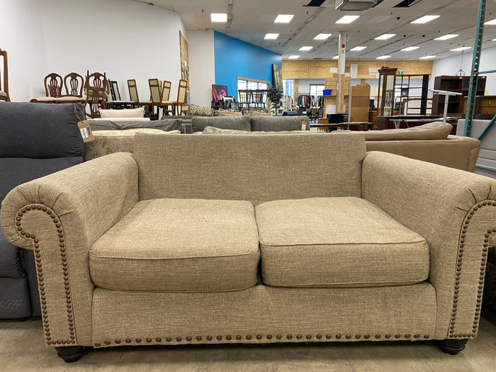 Traditional Textured Woven Fabric Loveseat in Taupe Hue