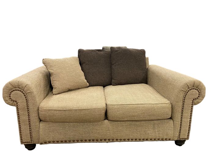 Traditional Textured Woven Fabric Loveseat in Taupe Hue