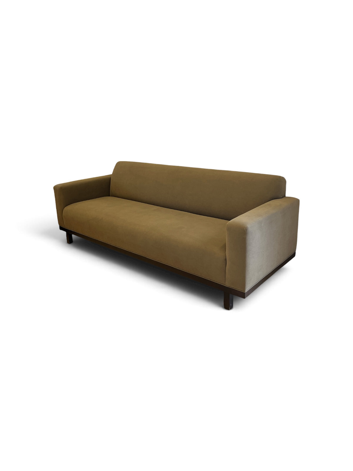 Olive Green Upholstered Sofa with Dark Wood Frame