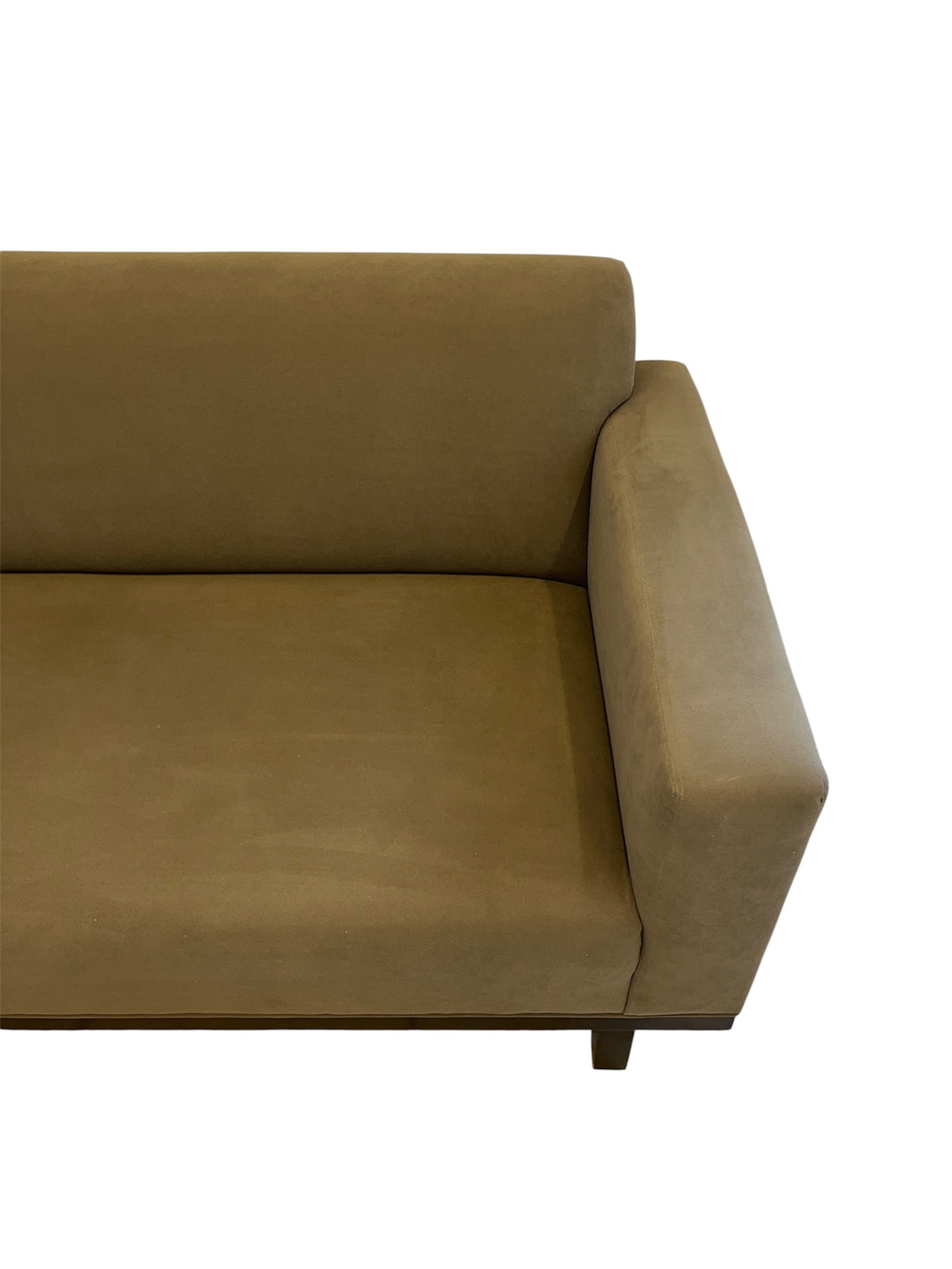 Olive Green Upholstered Sofa with Dark Wood Frame