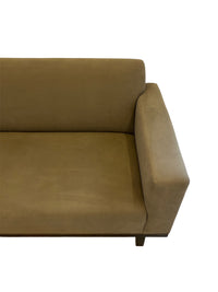 Olive Green Upholstered Sofa with Dark Wood Frame