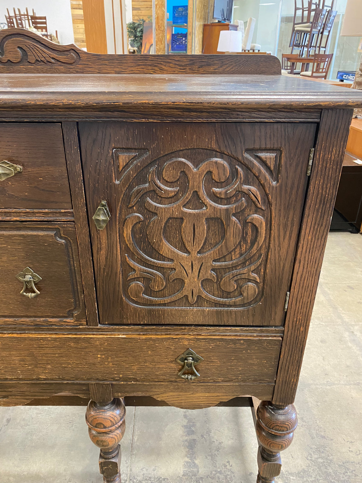 Geometric Scrollwork Oak Sideboard