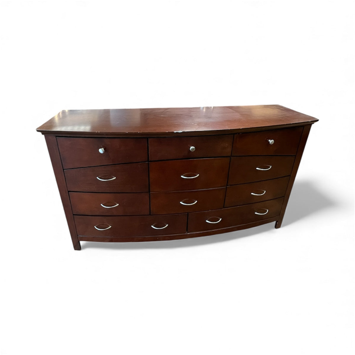 Dark Brown Curved Dresser With Silver Hardware