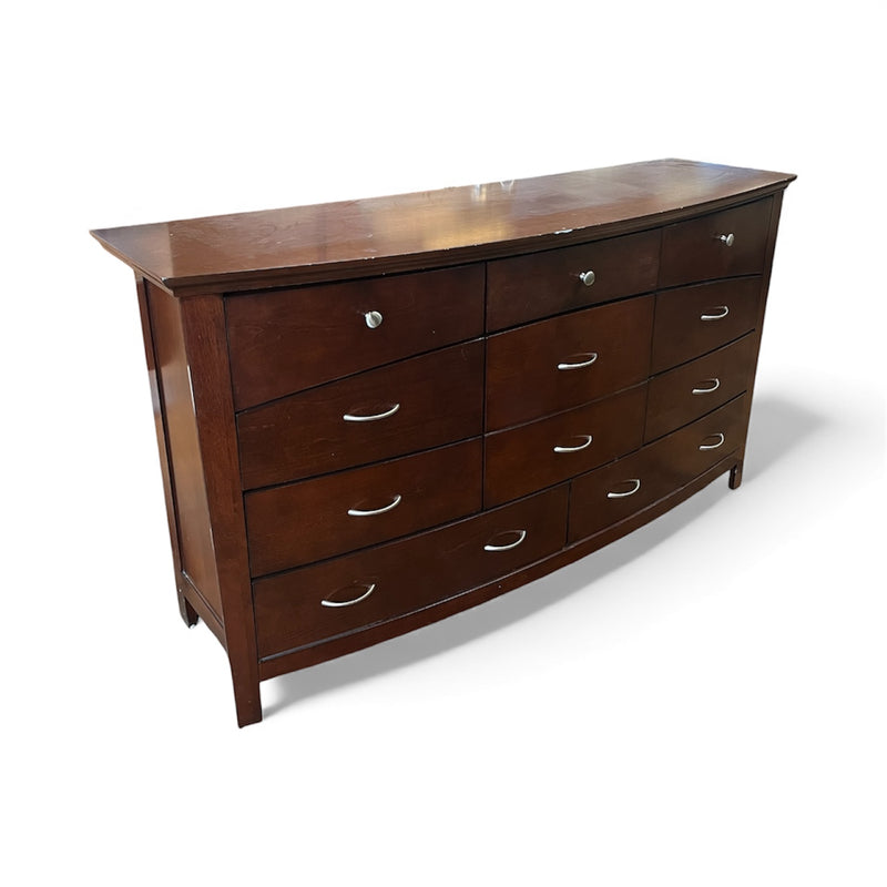 Dark Brown Curved Dresser With Silver Hardware