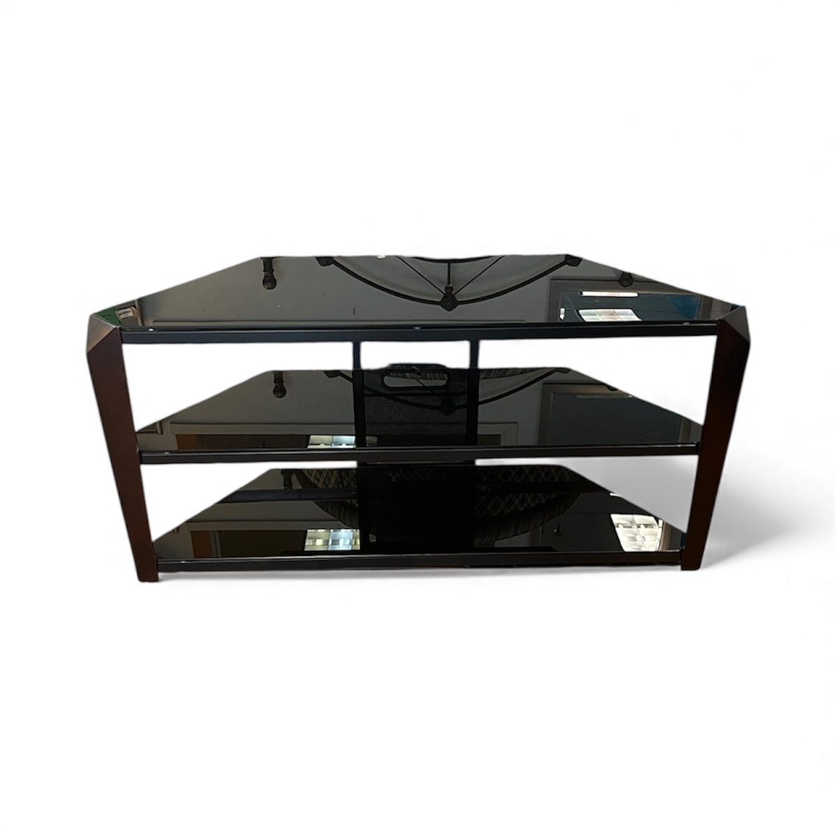 Black Glass & Dark Brown Wood TV Stand