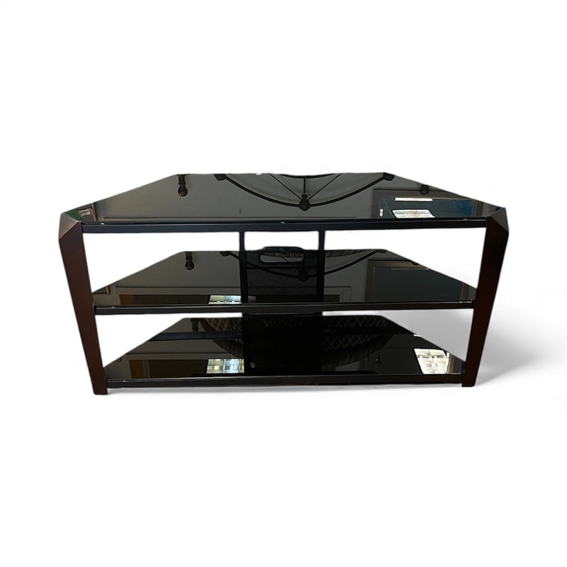 Black Glass & Dark Brown Wood TV Stand