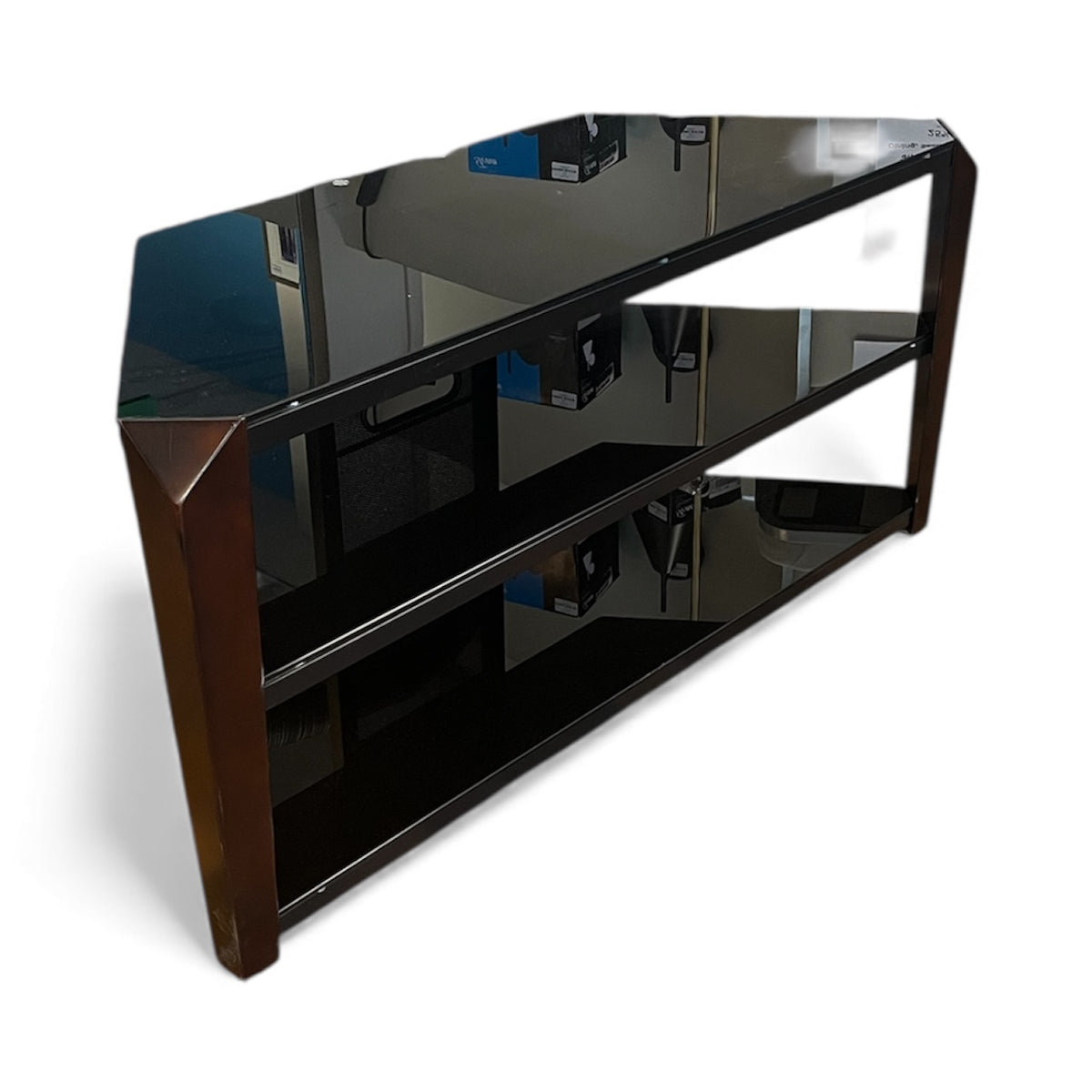Black Glass & Dark Brown Wood TV Stand