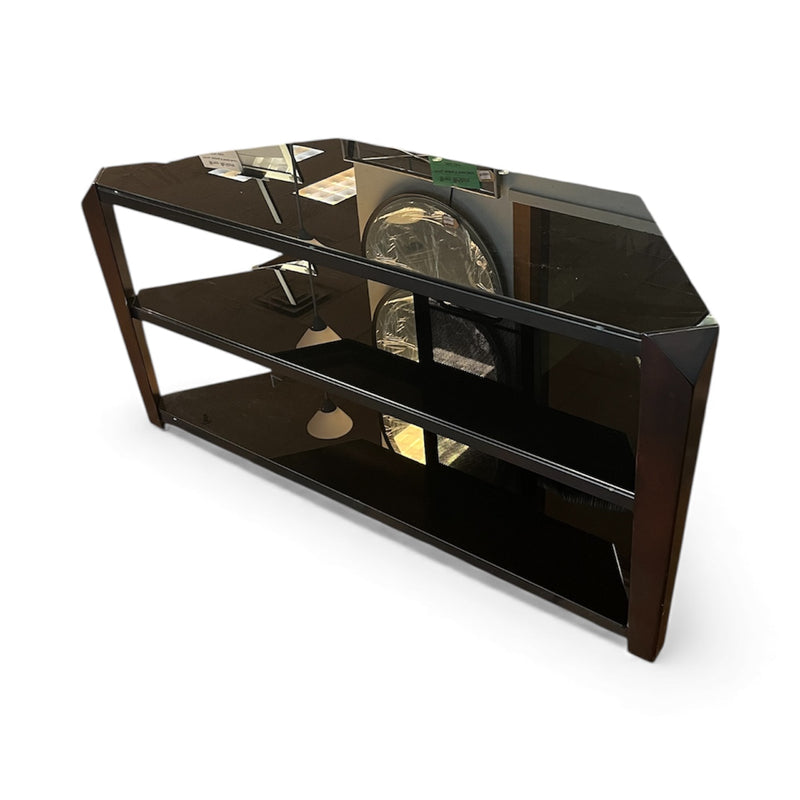 Black Glass & Dark Brown Wood TV Stand